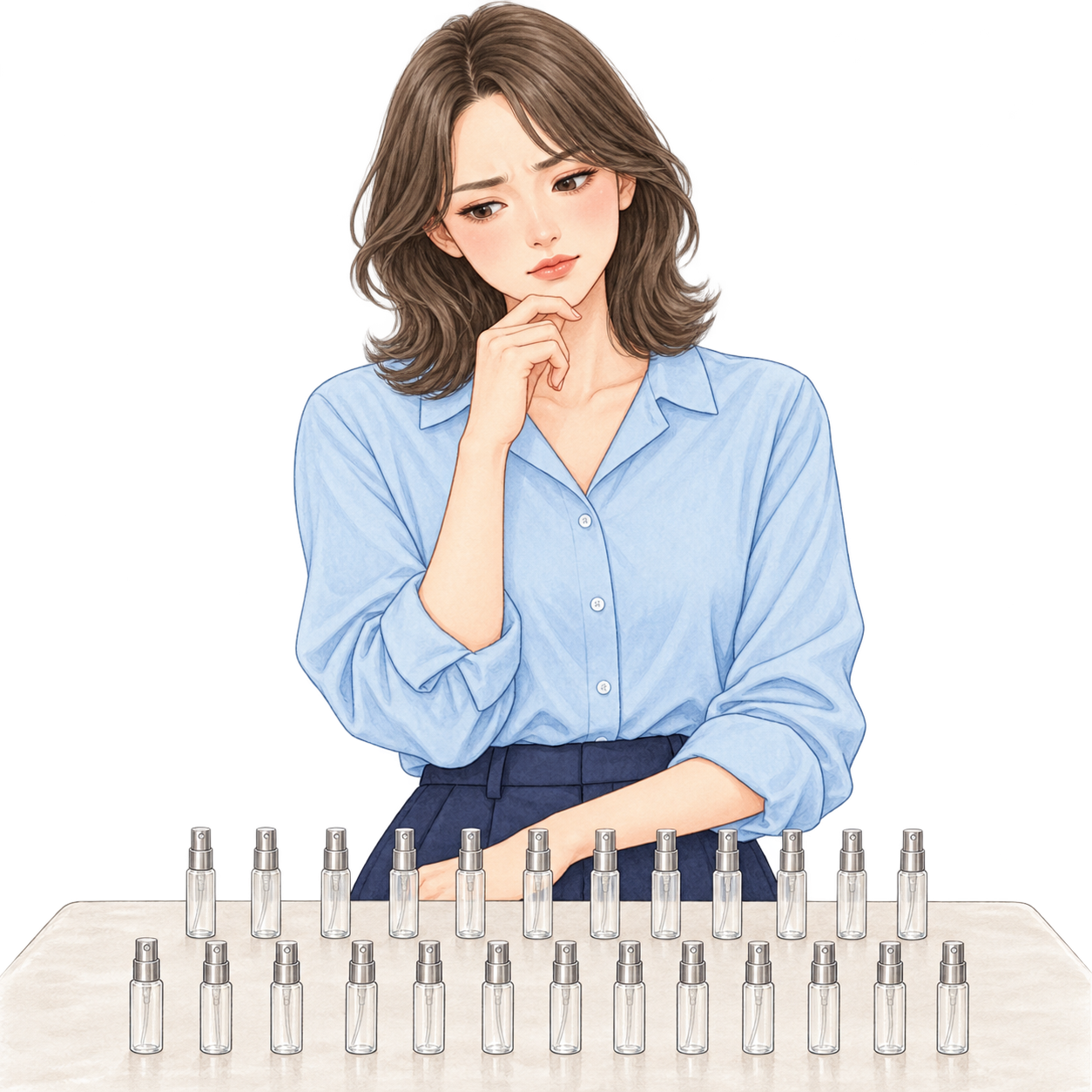 たくさんの香水の瓶を前に、どれから選ぶか迷っているイメージ