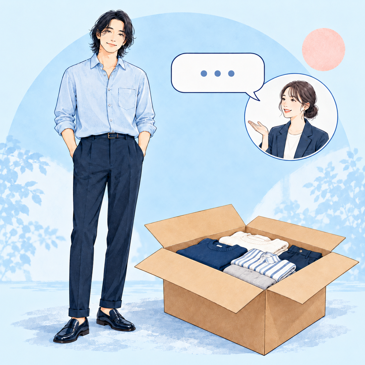 笑顔の人物と吹き出し、服の箱のイメージ
