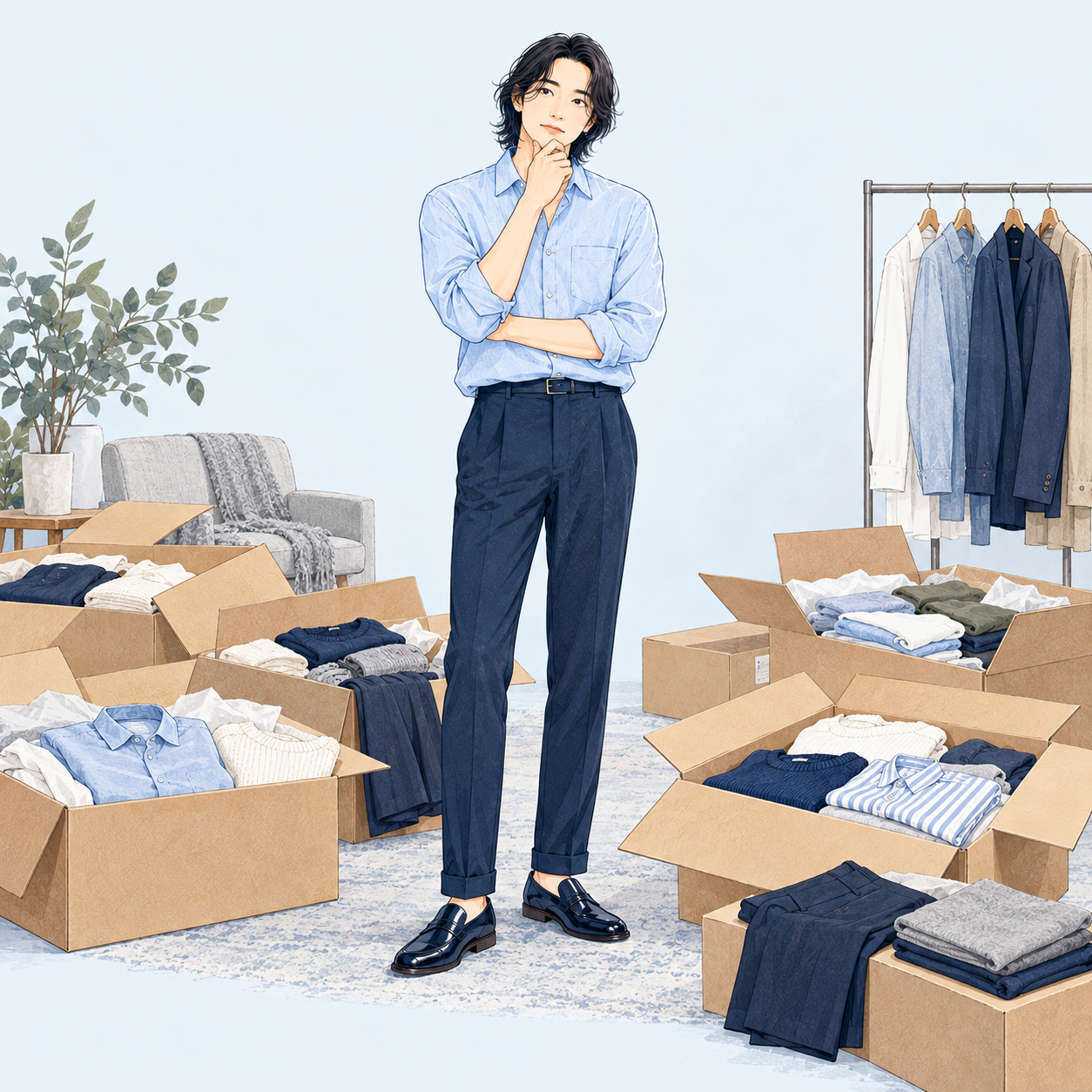 服選びに迷う人物と服の箱のイメージ