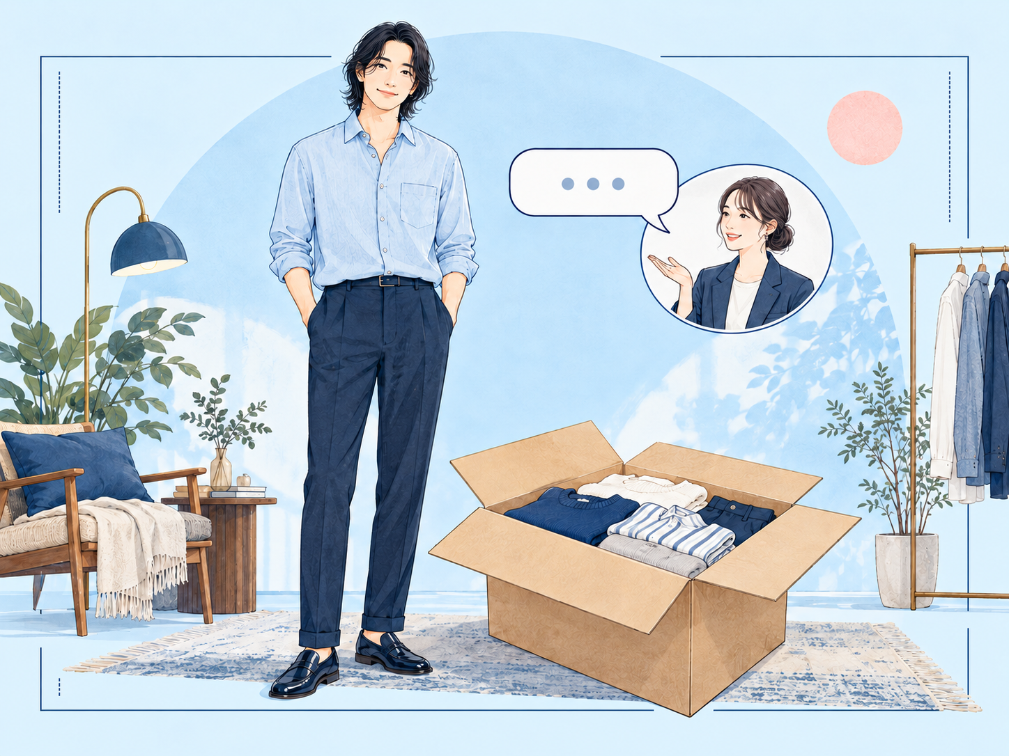 届いた服の箱と吹き出しを前に、人物がにこにこしているイメージ